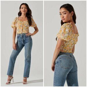 💕ASTR💕 Floral Smocked Half Sleeve Top ~ Yellow Pink Floral Print Large L NWT